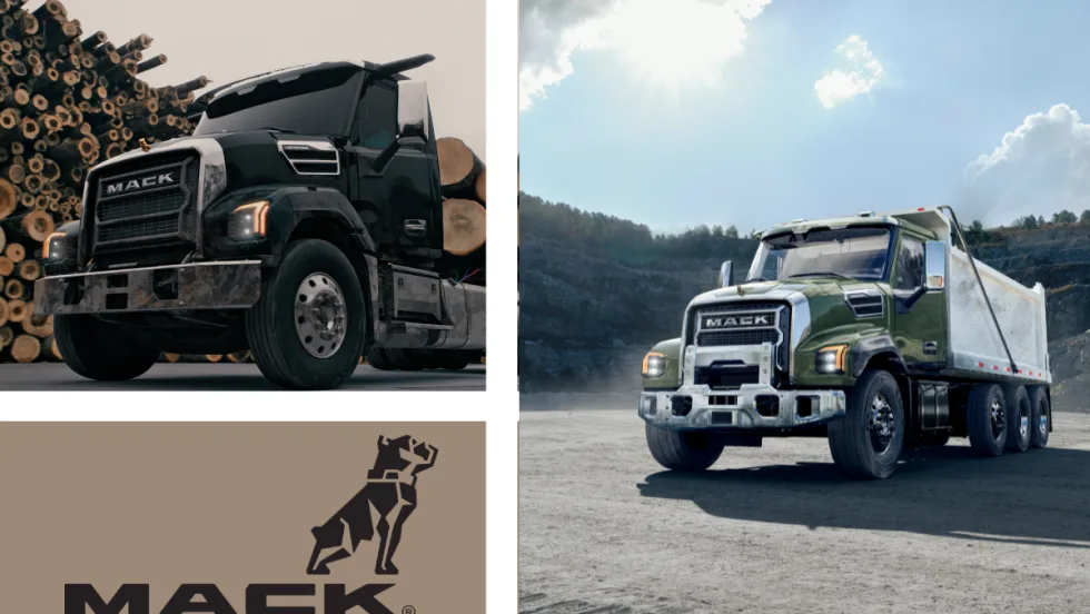 Two Mack trucks and an inset logo for Mack Trucks.