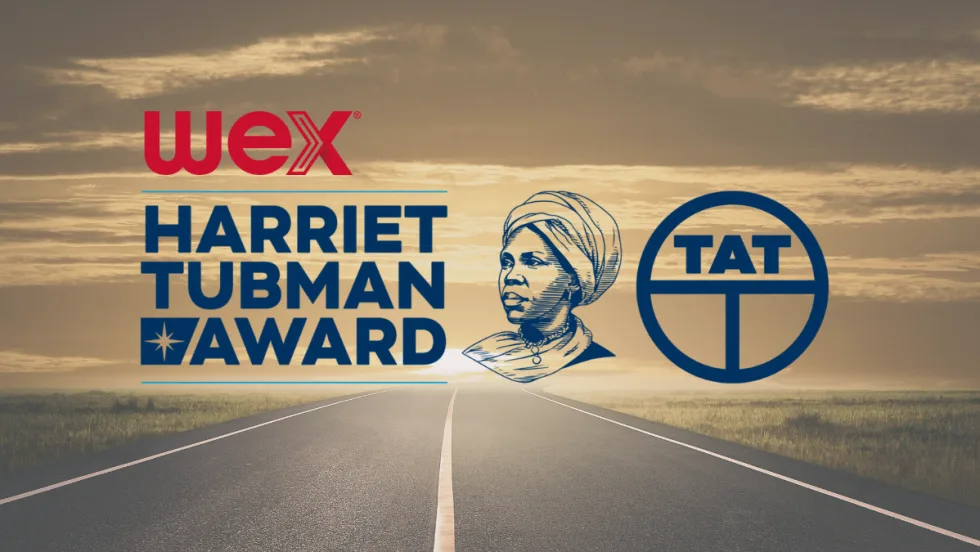 Graphic showing WEX and TAT logos with Harriet Tubman Award text over an open highway background at sunset.