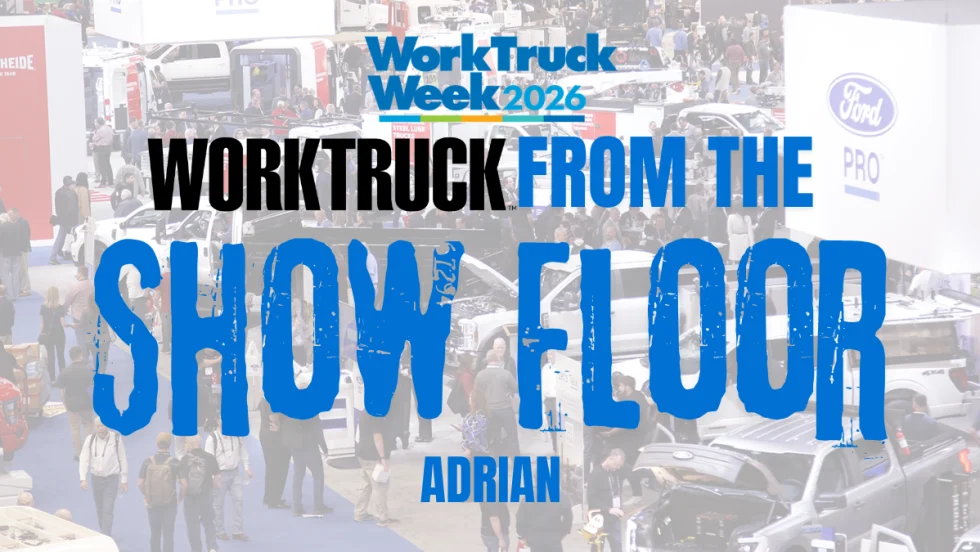 Work Truck Week 2026 show floor graphic highlighting Adrian as the company debuts new pickup cargo solutions and announces leadership changes.
