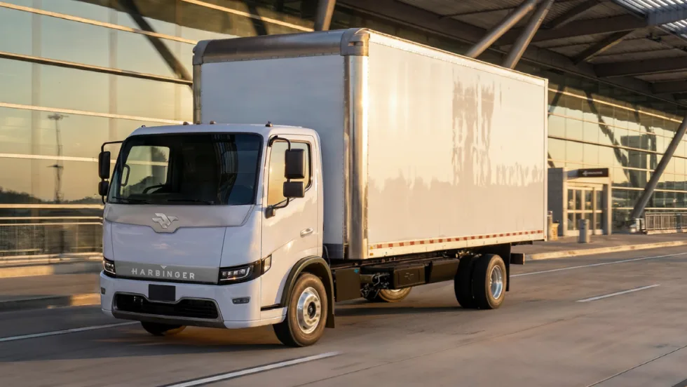 Harbinger HC Series Cab electric low cab forward medium-duty work truck with box body driving on city street, unveiled at Work Truck Week 2026.