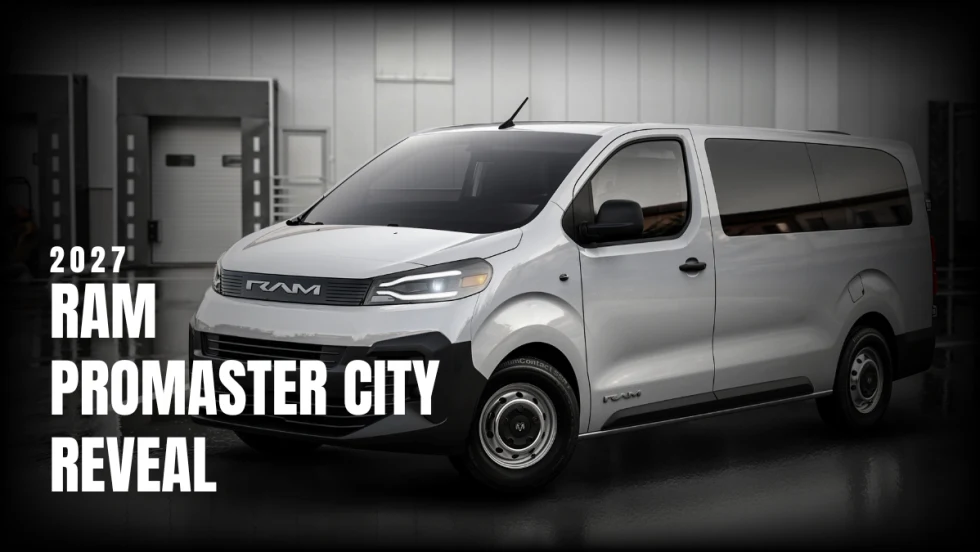An image of Ram ProMaster City with statement 2027 Ram ProMaster City Reveal teasing the new compact commercial van.