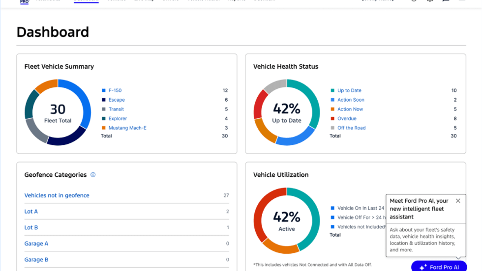 Image of a computer screenshot showing charts and data related to fleet management.