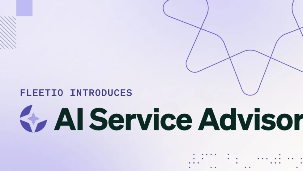 Bluish gray background with graphic elements and headlines Fleetio Introduces AI Service Advisor.