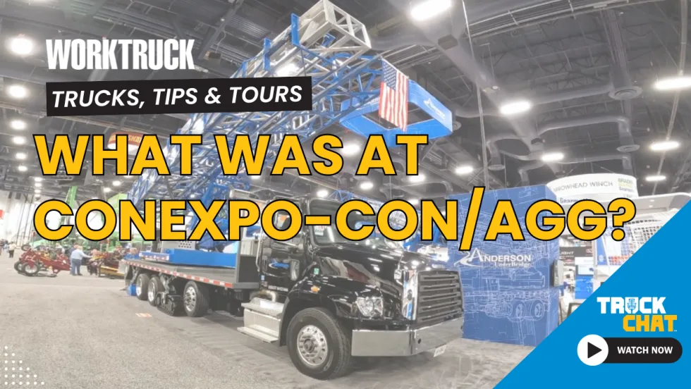 Blue ladder type truck in background with logos for Work Truck and Truck Chat and headline What was at CONEXPO-CON/AGG