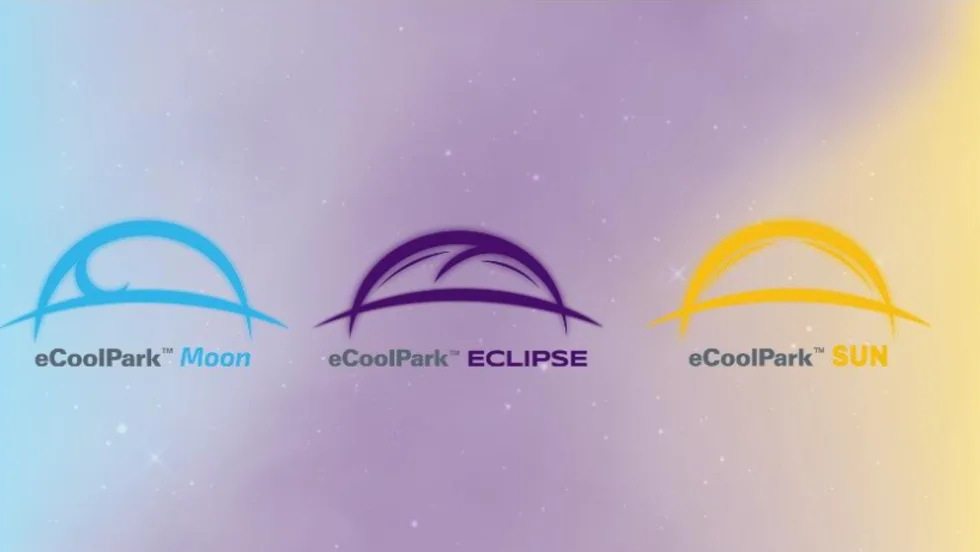 Blue-purple-yellow background with three logos for the eCoolPack series of products.