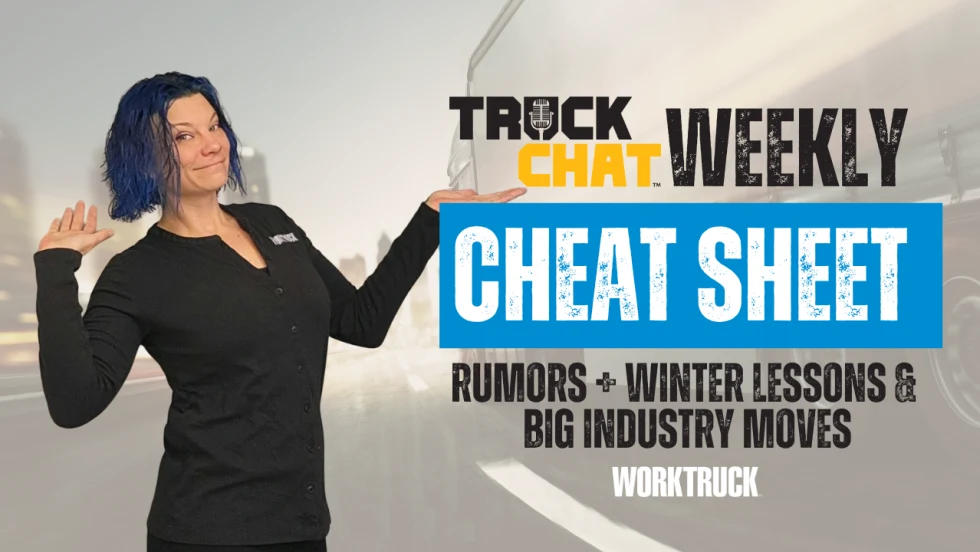 Lauren Fletcher presenting Truck Chat Weekly Cheat Sheet graphic with headlines on rumored Cat truck, winter fleet lessons, and Work Truck Week industry updates.