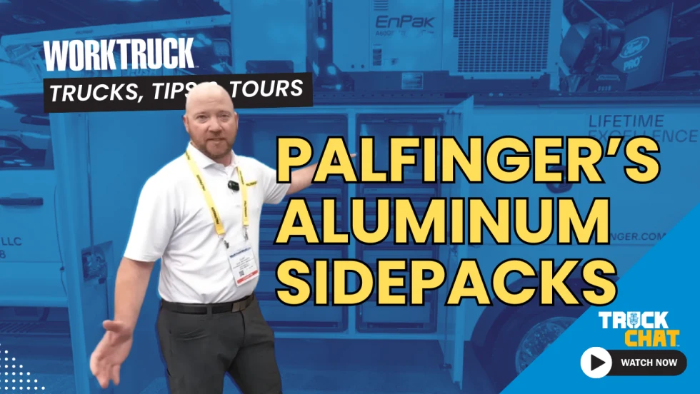 Man standing in front of a blue tinted image of a mechanics truck pointing to the storage shelving and logos for Work Truck and Truck Chat, plus headline PALFINGER's Aluminum Sidepacks.