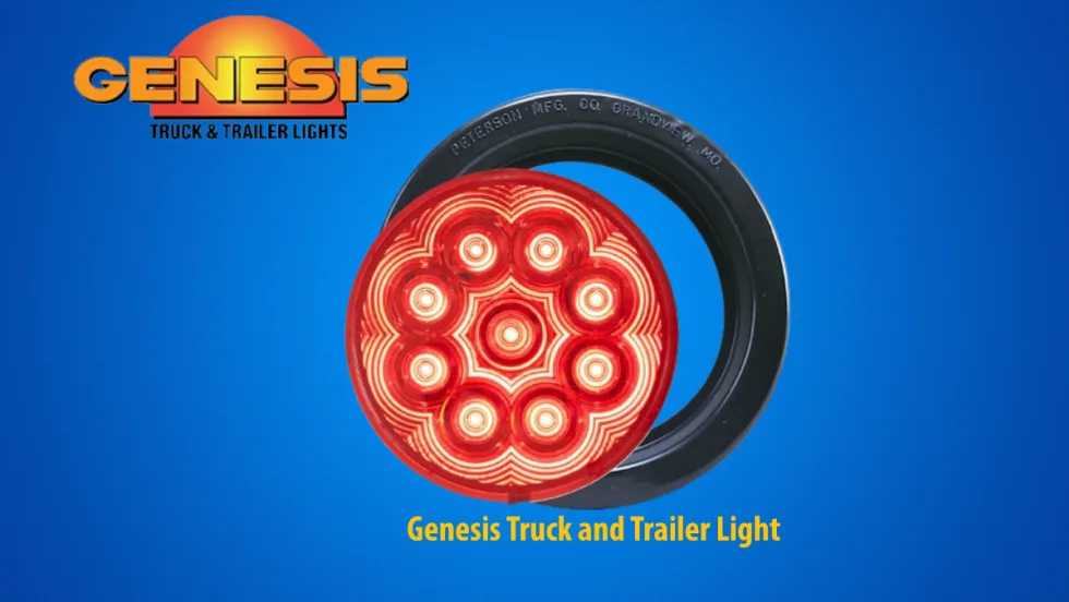 Blue background with a round LED vehicle and trailer light and a logo for Genesis in the upper left.