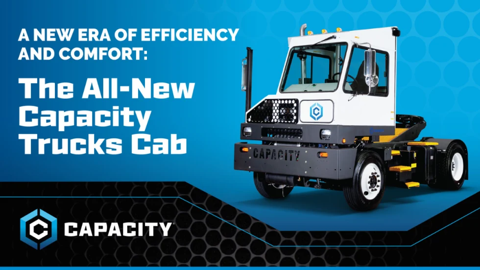 Blue and back background with image of a white terminal tractor truck and headline for The All-New Capacity Trucks Cab and a logo for Capacity.