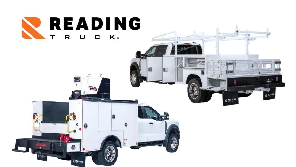 Two white work trucks against a white background with a logo for Reading Truck in the upper left of image.