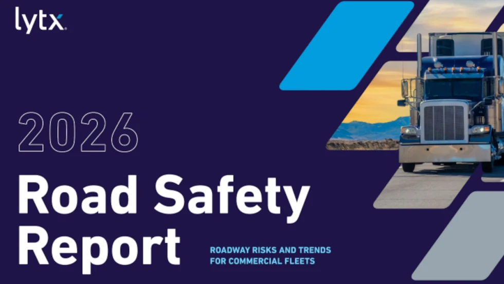 Purple background with gray and blue graphic elements at right, inset image of a truck, headline Road Safety Report, and small upper left logo for Lytx.