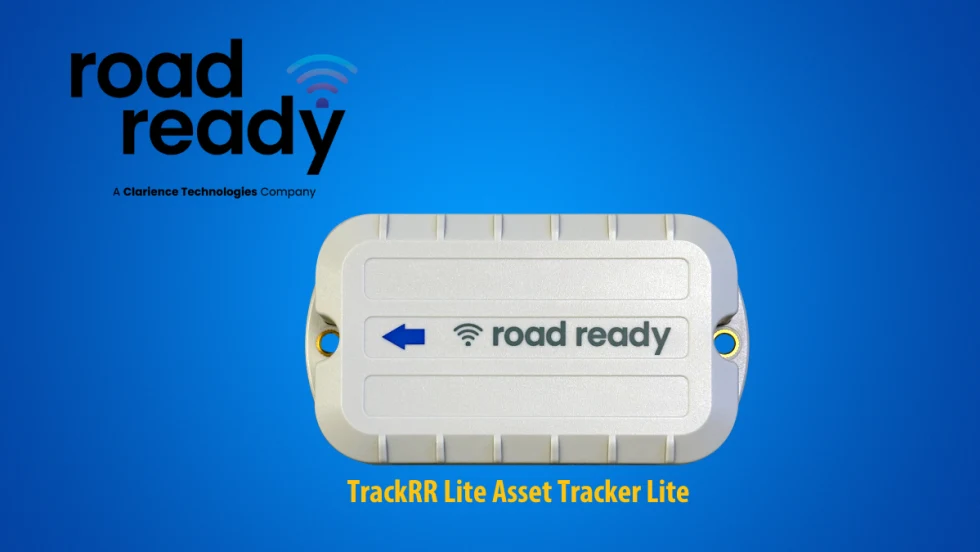 Blue background with image of a white plastic device, an asset tracker, and logo for Road Ready.