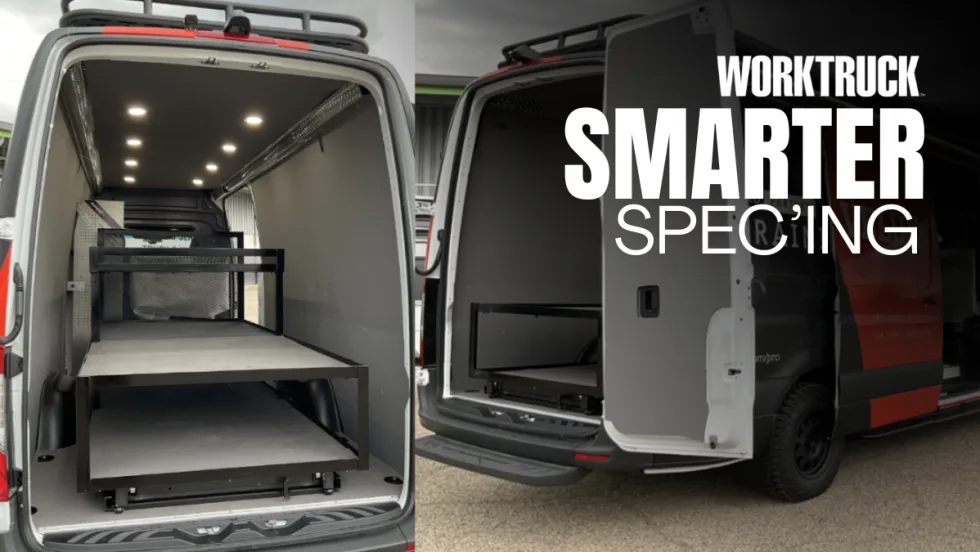 Interior of an upfitted service van with metal shelving, drawers, work surfaces, overhead lighting, and open floor space for organized cargo.