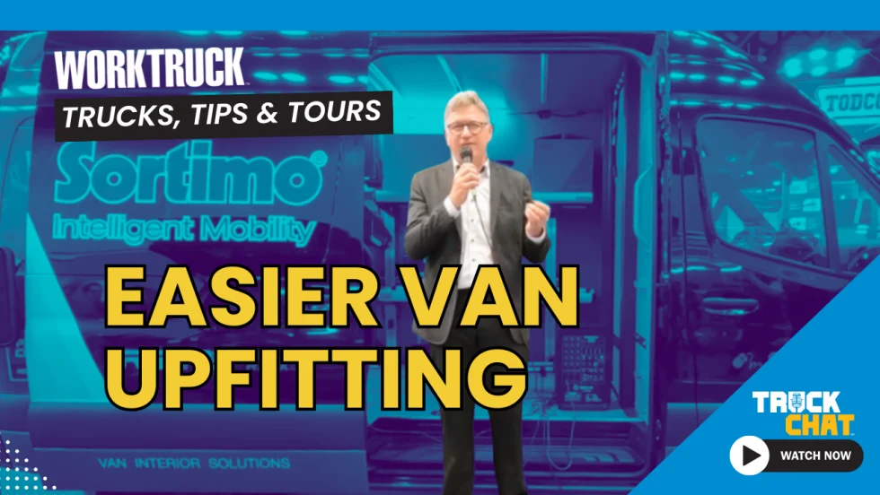 Man standing in front of a cargo van that is tinted blue with a side logo for Sortimo, headline Easier Van Upfitting, and logos for Truck Chat and Work Truck.
