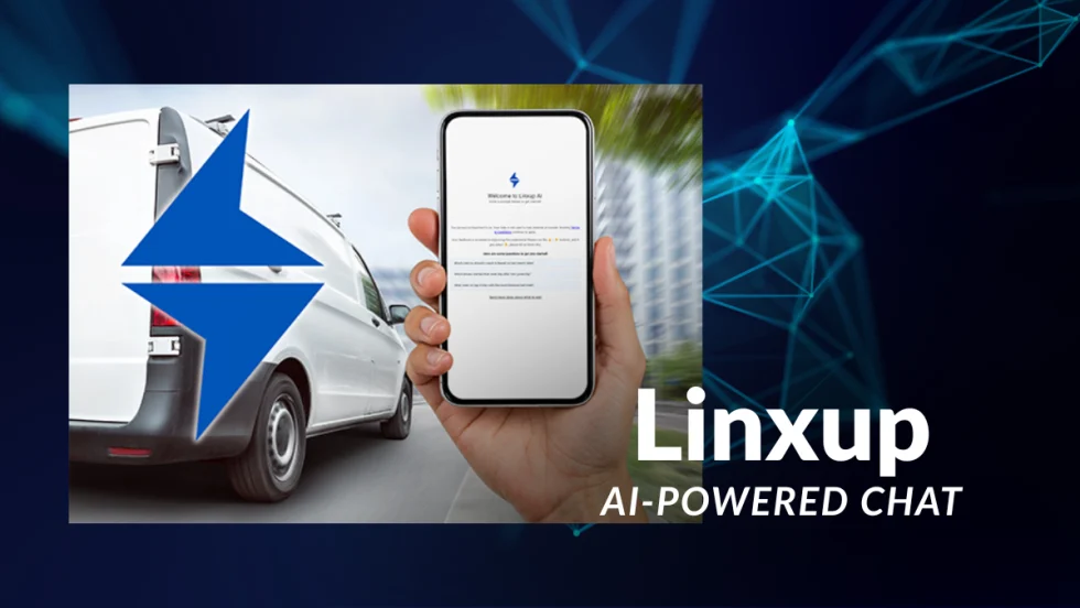 Linxup AI chatbot displayed on smartphone with service van, representing fleet data insights and AI-powered fleet management tool