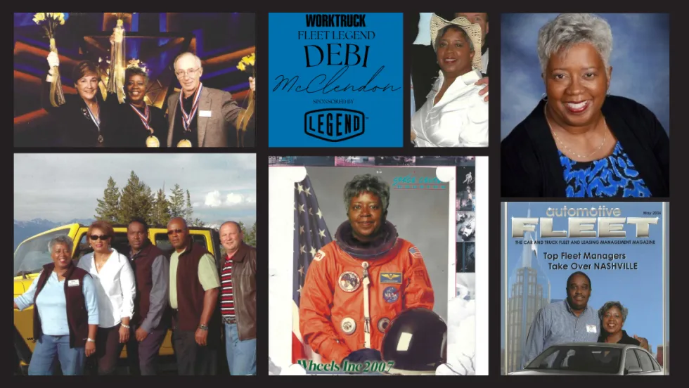Collage of Debi McClendon throughout her fleet career, including professional portraits, industry events, team photos, and a magazine cover highlighting her leadership achievements.