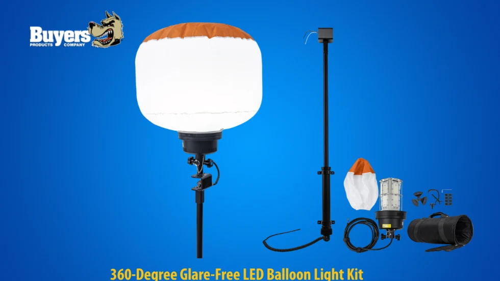 Blue background with inset logo for Buyers Products and images of a balloon lighting kit, with the light inflated on top of a pole.