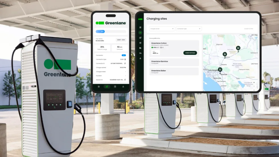 Image of a row of EV charging stations and an inset image of a screenshot from a computer and from a smartphone showing charging data.