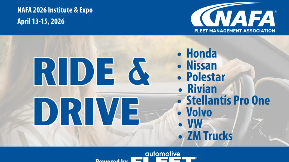 Background faint image of woman driving car with headline for Ride & Drive and logos for NAFA and Automotive Fleet.