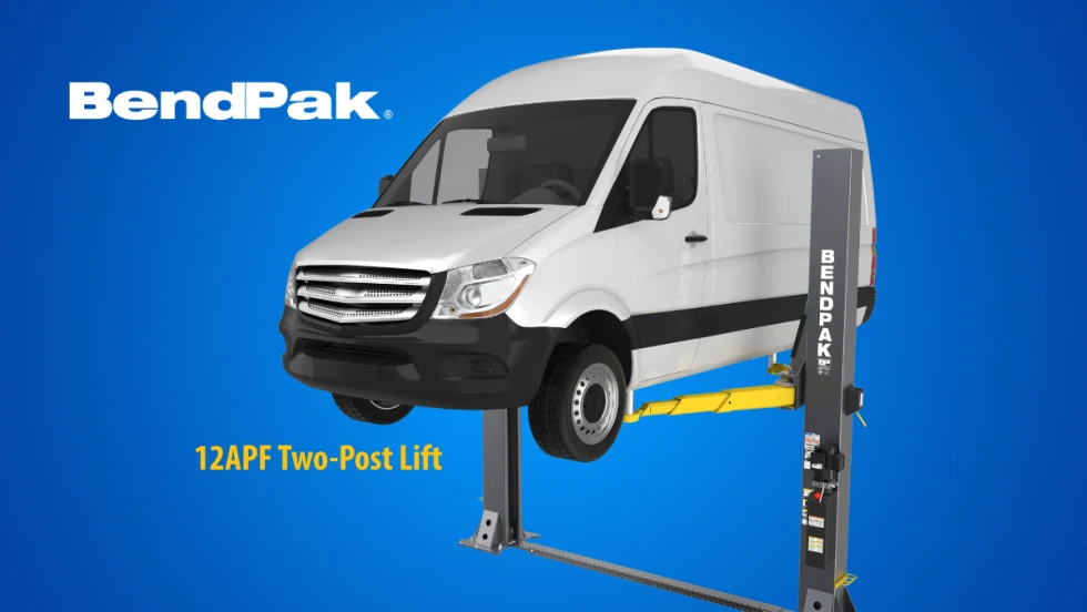 Blue background with image of a white delivery van lifted by an automotive lift, and a logo for BendPak.