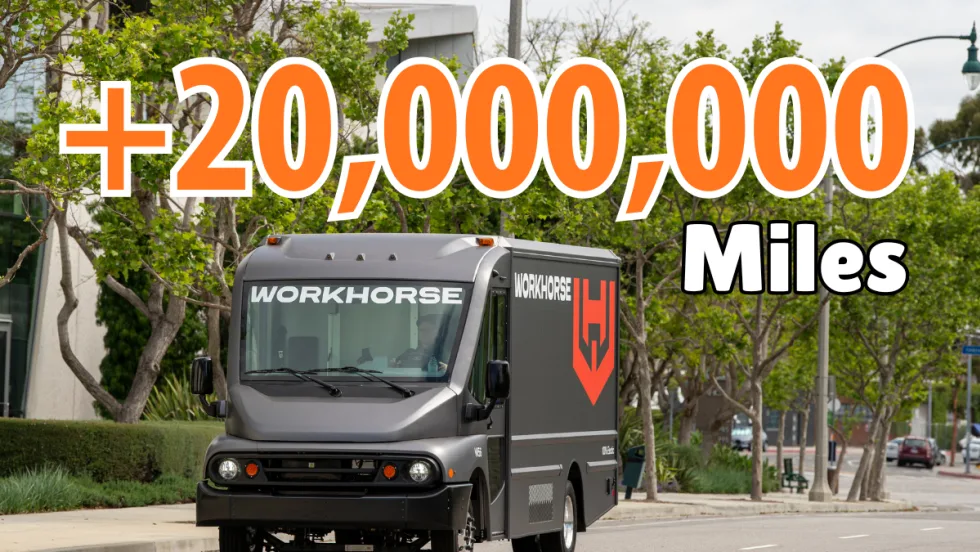 Step van driving down road with large orange headline +20,00,000 miles.