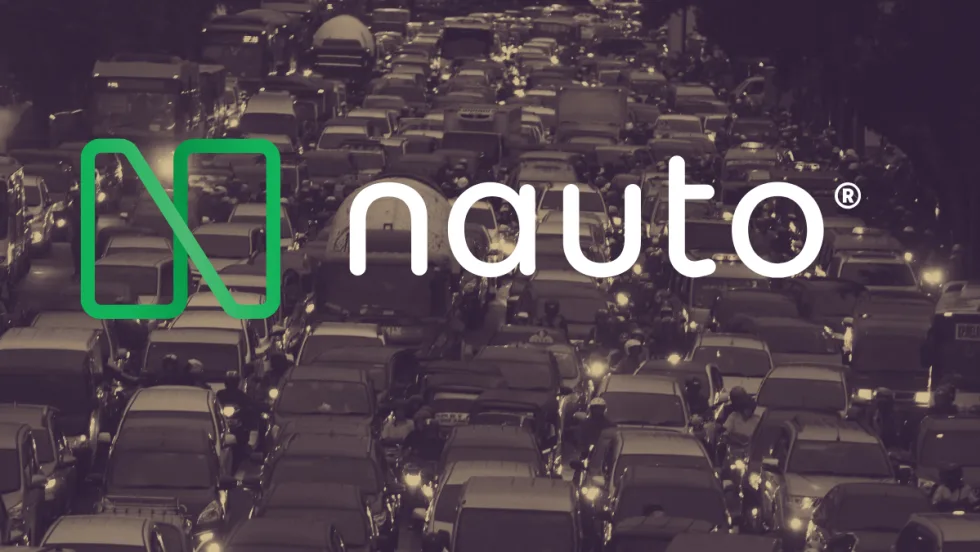 Darkened background image of congested traffic with large Nauto logo in front.