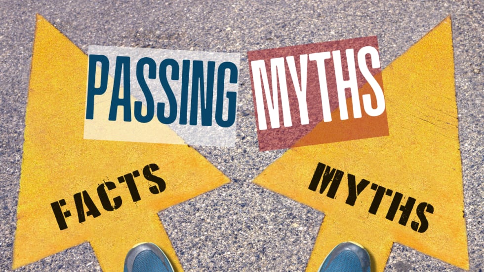 Road arrows labeled facts and myths, representing common misconceptions about passing and the importance of safe, informed driving decisions.