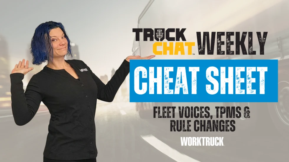 Lauren Fletcher presenting Truck Chat Weekly Cheat Sheet thumbnail with text “Fleet Voices, TPMS & Rule Changes” over a truck background.