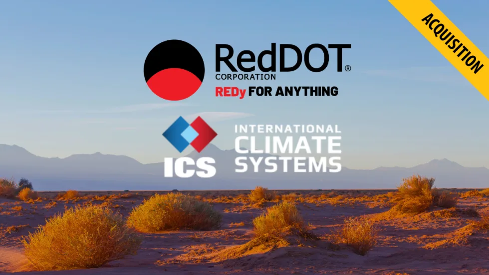 Company logos for Red Dot and International Climate Systems set against a desert background with a blue sky.