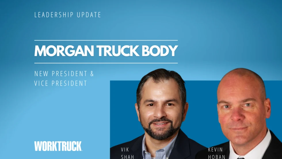 Blue background and headlines for Leadership Update and Morgan Truck Body, with headshots of two men in business attire and Work Truck logo.