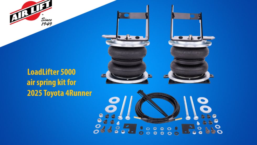 Air suspension kit with all fasteners displayed against a blue background with upper left white area with logo for Air Lift Company.