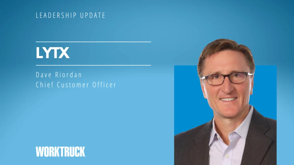 Man in business attire against a blue background and headlines Leadership Update and Lytx, with a logo for Work Truck.