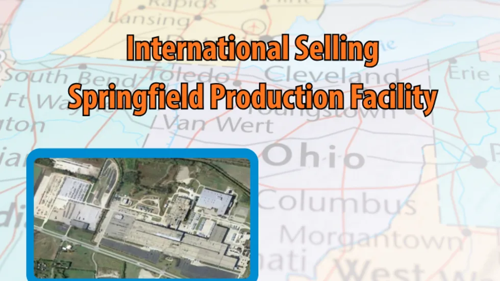 Faint background image of map of Ohio with orange headline International Selling Springfield Production Facility and an inset aerial photo of the manufacturing plant.