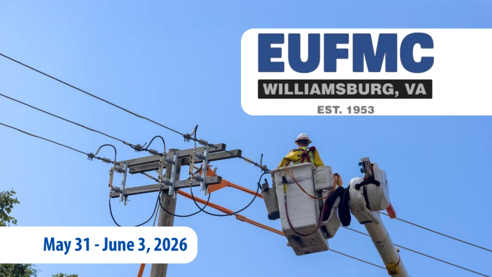 Photo of a utility worker in bucket truck working on powerlines against a blue sky and inset logo for EUFMC.