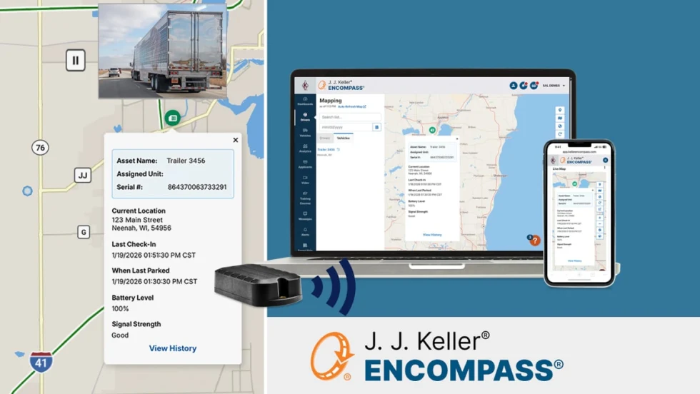 Image of a GPS map on the left and, at right, a photo of a laptop and phone displaying map software, and a logo for J.J. Keller Encompass.