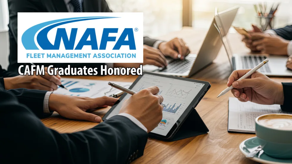 Business professions seated around a table working on laptops and taking notes, with logo for NAFA and headline CAFM Graduates Honored.