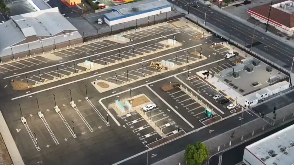 Artist rendering of an ev charging facility from an overhead view.