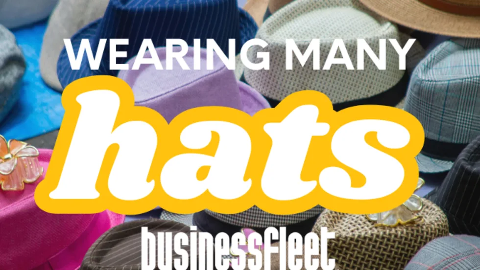 Collection of different hats with text “Wearing Many Hats,” representing the many roles small fleet managers juggle daily.