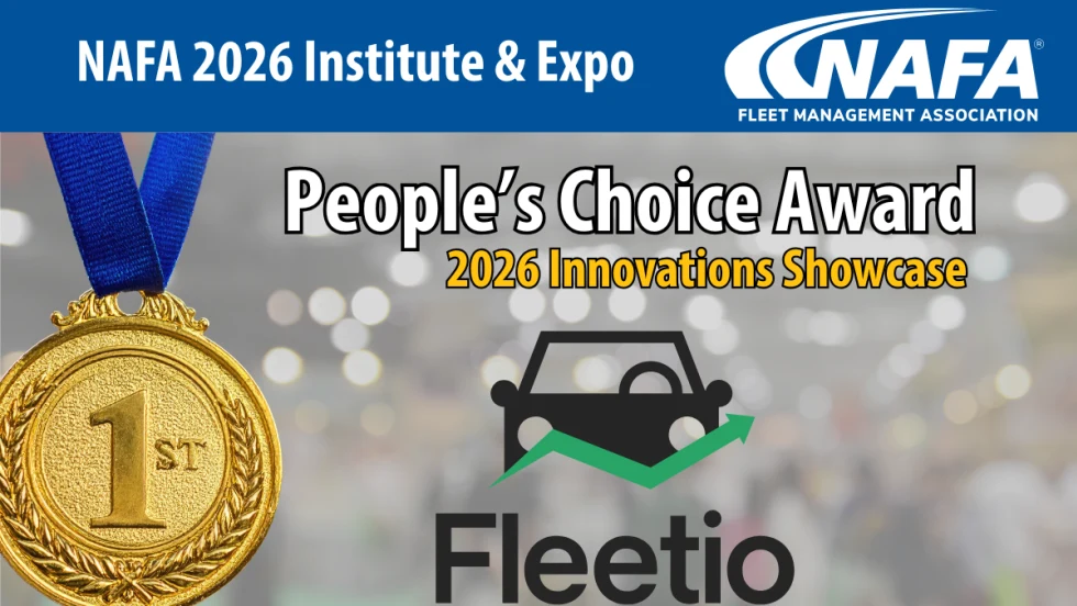 Blurred image of tradeshow with logos for NAFA and Fleetio, plus image of a first place metal and headline People's Choice Award.