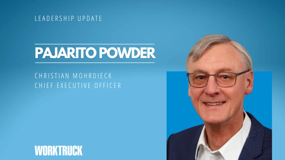 Man in business attire against a blue background with logo for Work Truck and headlines Leadership Update and Pajarito Powder.