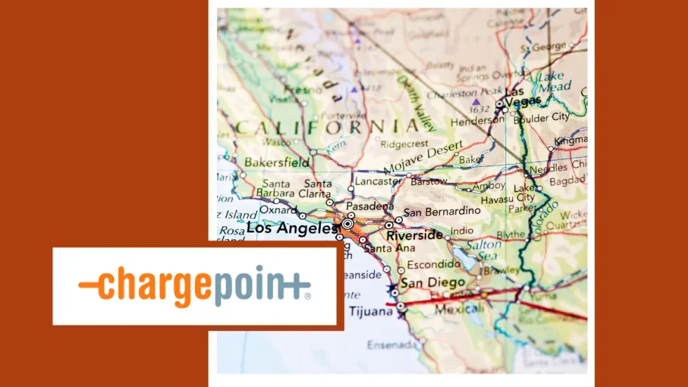 Map of Southern California, surrounded by orange background on left and right, and an inset logo for ChargePoint.