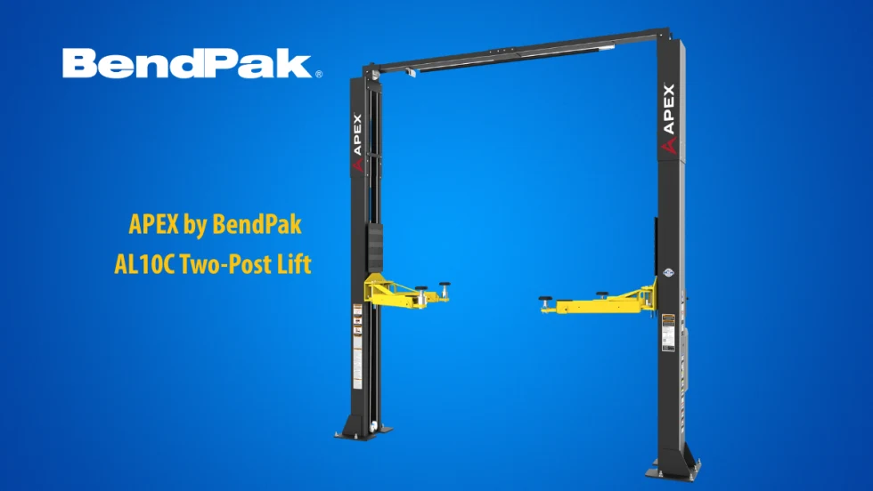 Two post auto lift displayed against a blue background with logo for BendPak and small headline APEX by BendPak AL10C Two-Post Lift.