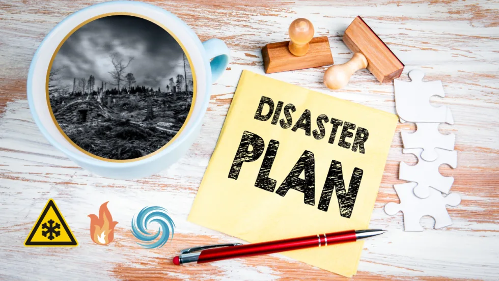 Disaster Plan post it note with images of disaster icons and a wildfire in a coffee cup.