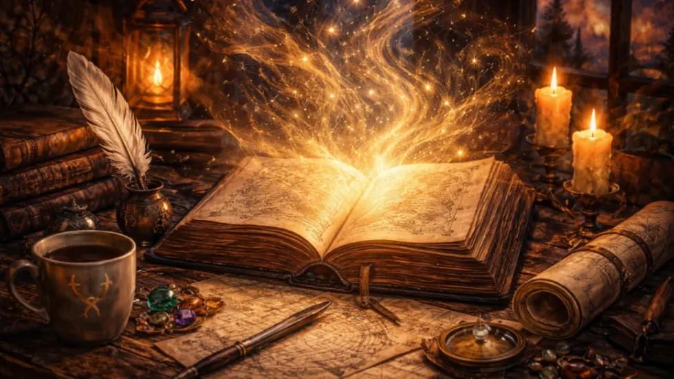 Open glowing book on a wooden table with candles, quill, and maps, with golden light and magical particles rising from its pages in a fantasy-style illustration.