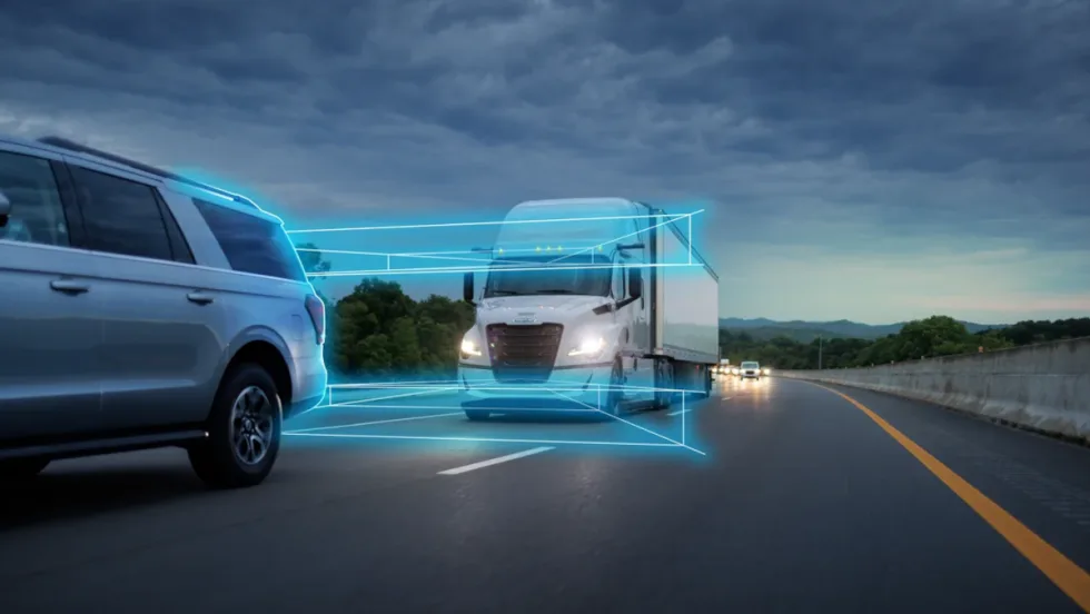 Futuristic image of tractor trailer and sensors detecting a car it is approaching at dusk.