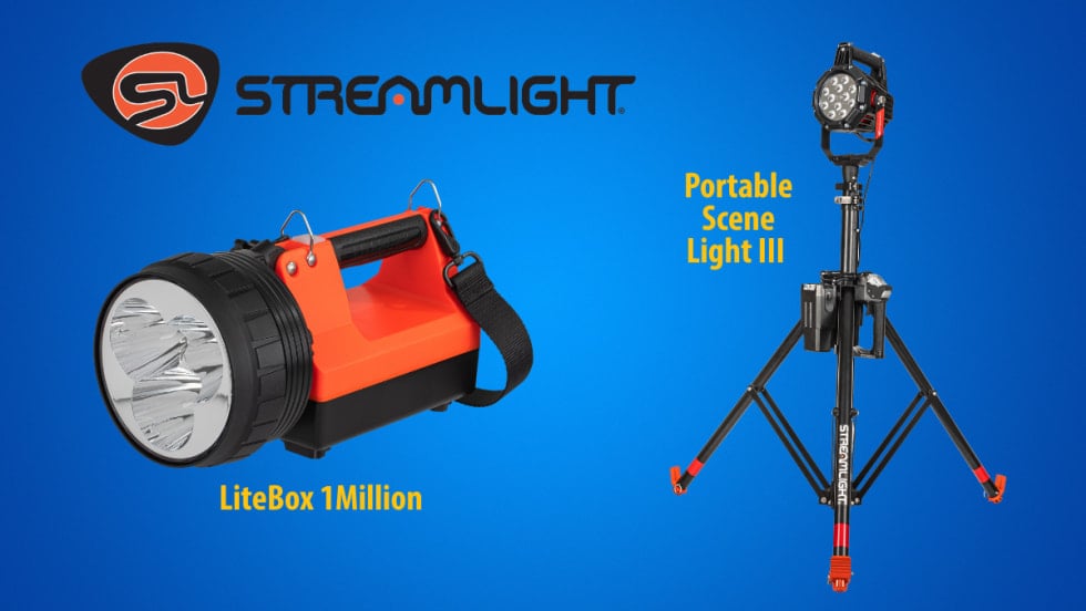 Large orange handheld searchlight and an area light on a tripod against a blue background and a Streamlight logo.