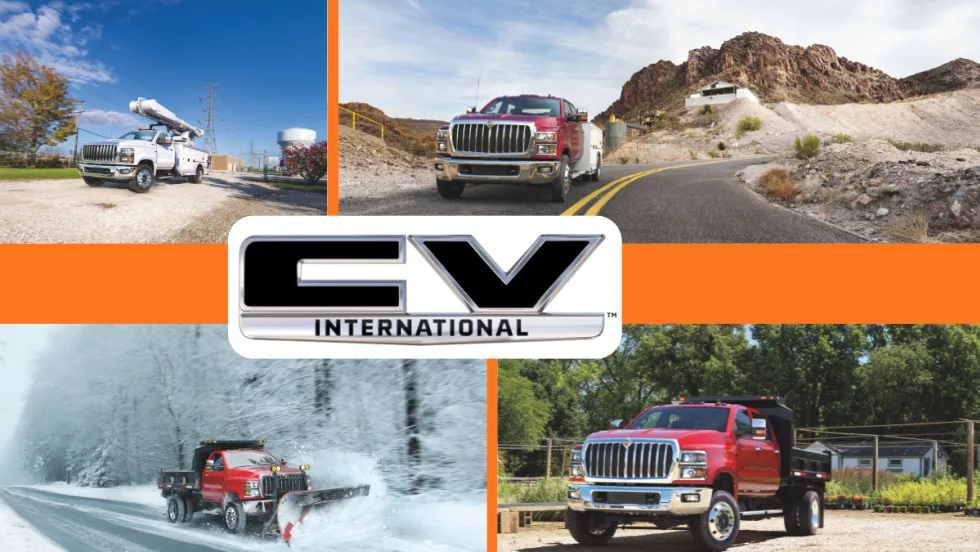 Composite image showing four different photos of a truck ranging from desert to snow, with an orange stripe across the middle of the image with while logos for International and CV Series.