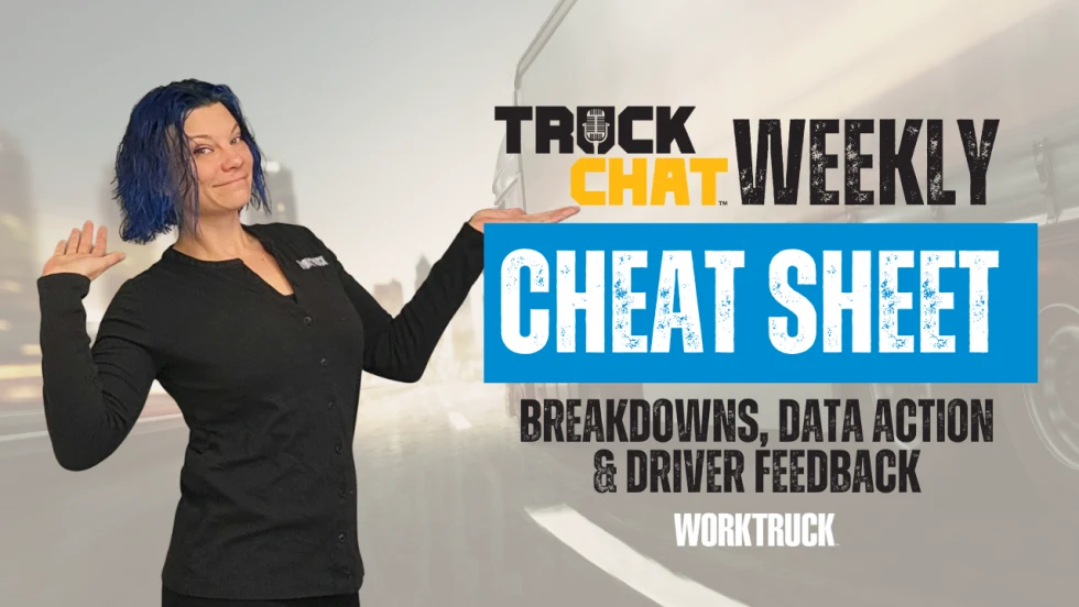 Lauren Fletcher presenting Truck Chat Weekly Cheat Sheet graphic highlighting breakdowns, data action, and driver feedback trends in fleet operations.