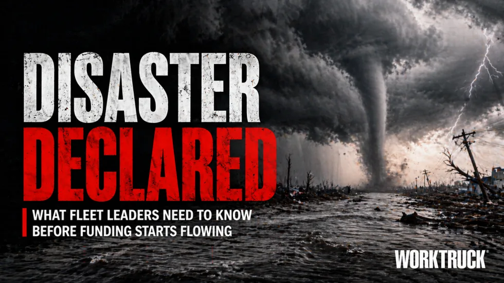 Tornado touching down over flooded landscape with debris and lightning, representing the real-world destruction that drives disaster declaration decisions