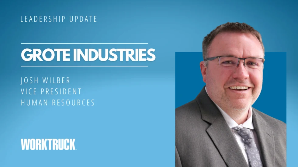 Man inn business attire against a blue background with logos for Leadership Update and Work Truck and headline Grote Industries.